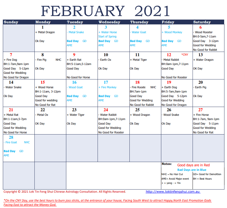 Feng Shui Good Days Bad Days February 2021